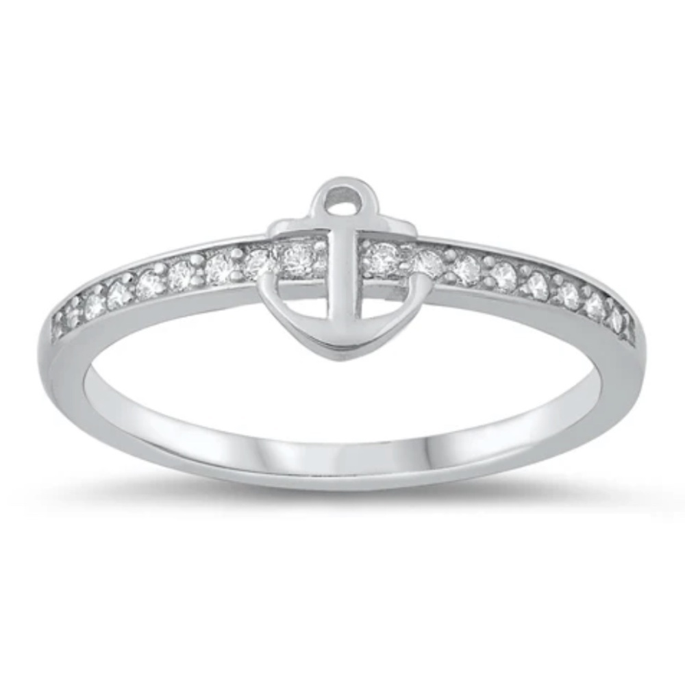Sterling Silver CZ Ring – Anchor Design (Size 8)